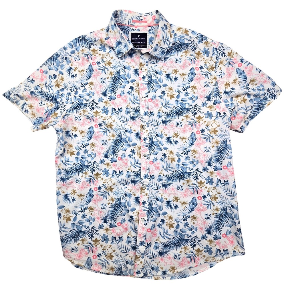 Denim & Flower Mens XL Slim Fit Tropical Floral Palm Short Sleeve Button Down